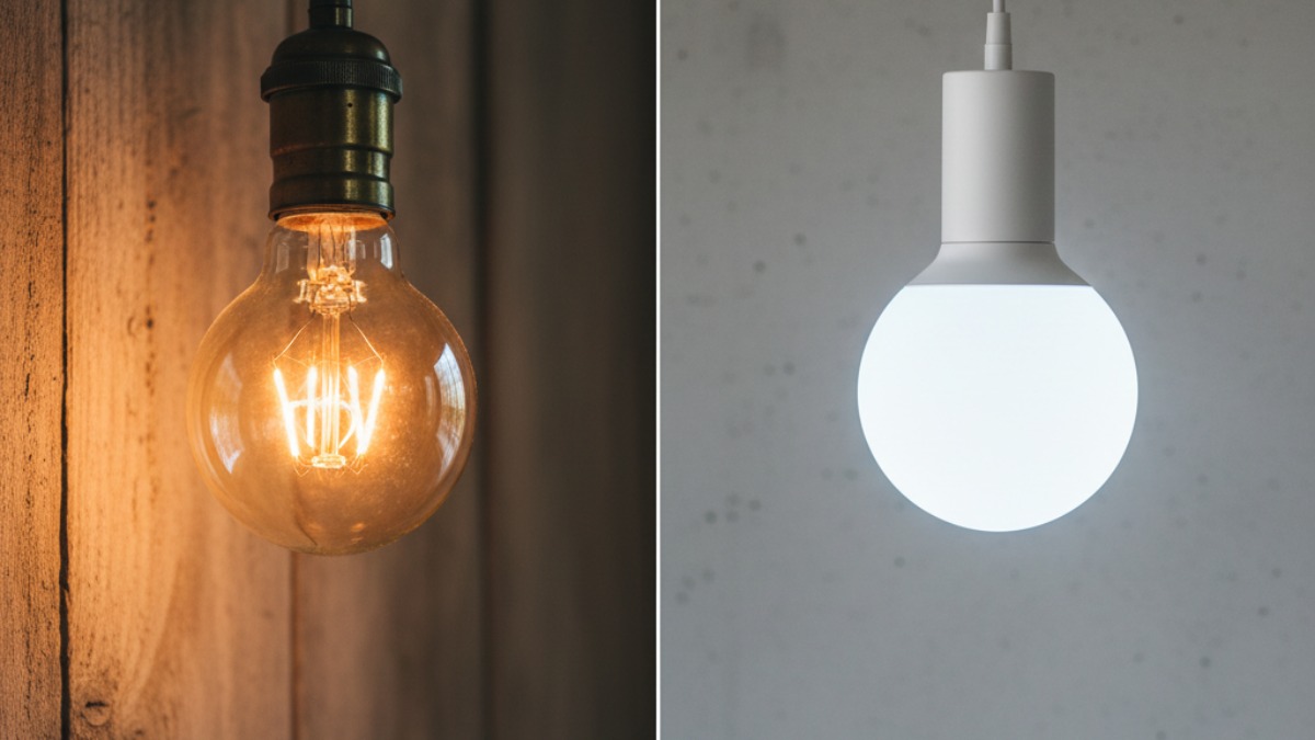Srovnání žárovky a LED osvětlení pro úsporu energie.