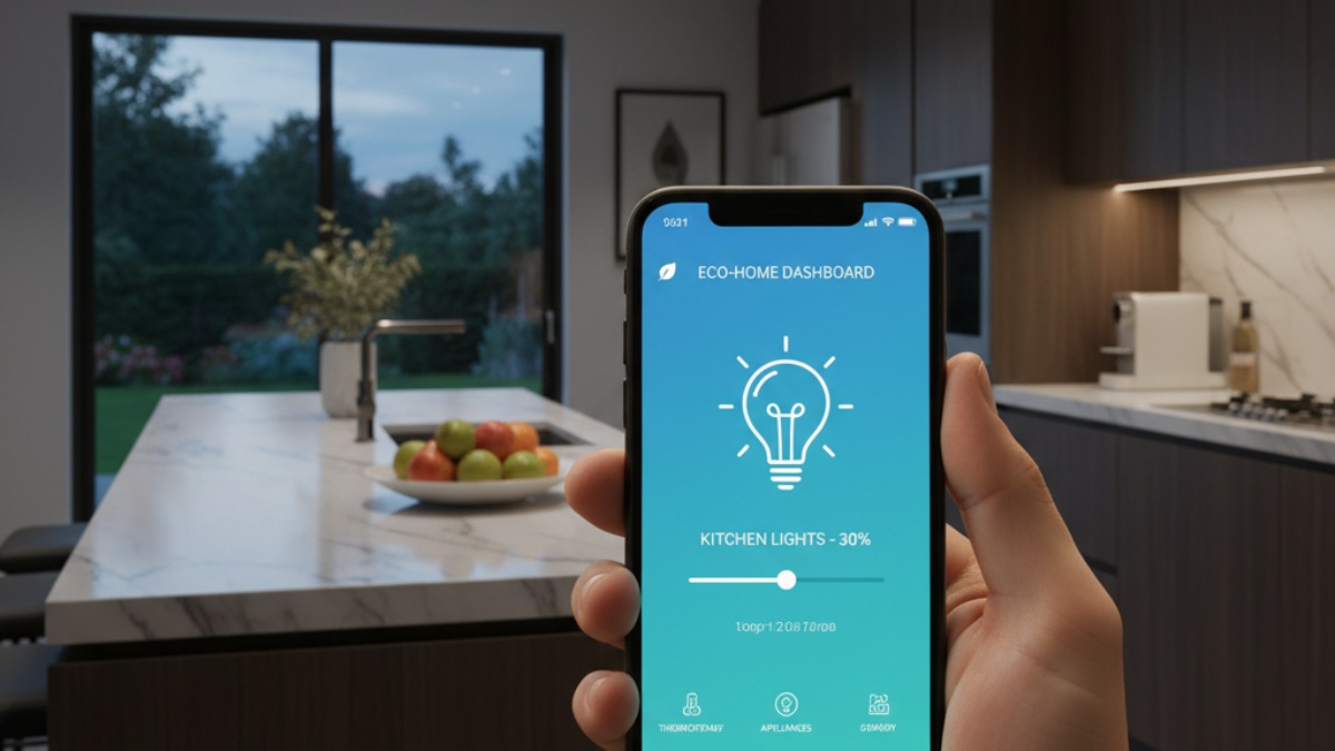 Ovládání chytrého osvětlení v kuchyni pomocí mobilní aplikace pro úsporu energie.
