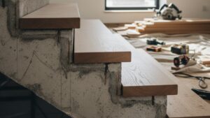 Dokončující práce na betonovém schodišti dřevěnými nášlapy.